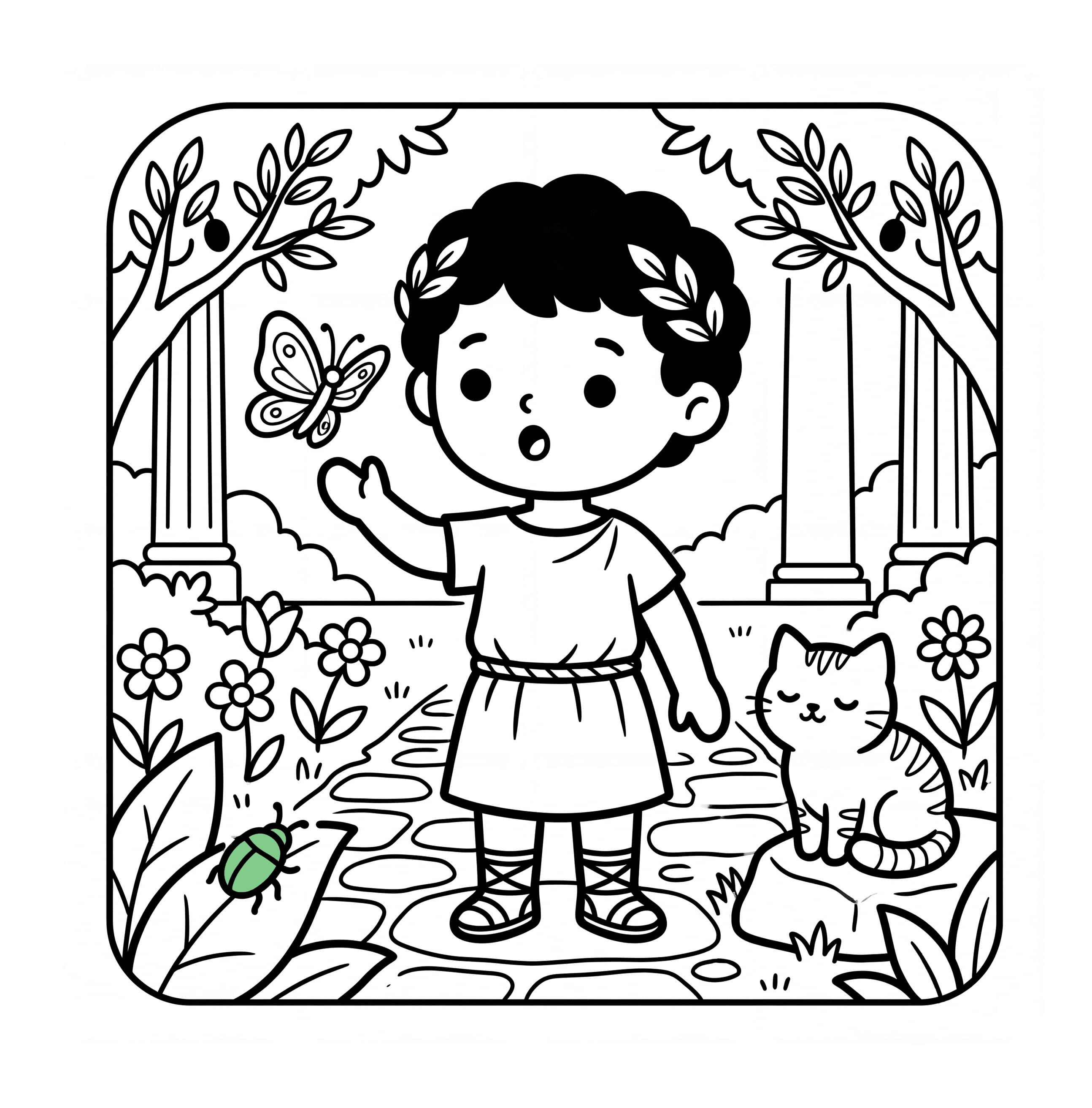A Boy in the Garden — a coloring page about gratitude and wonder