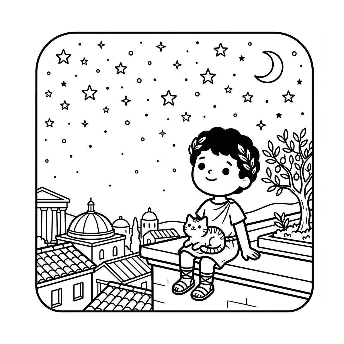 A coloring illustration of young Marcus Aurelius in a Roman garden
