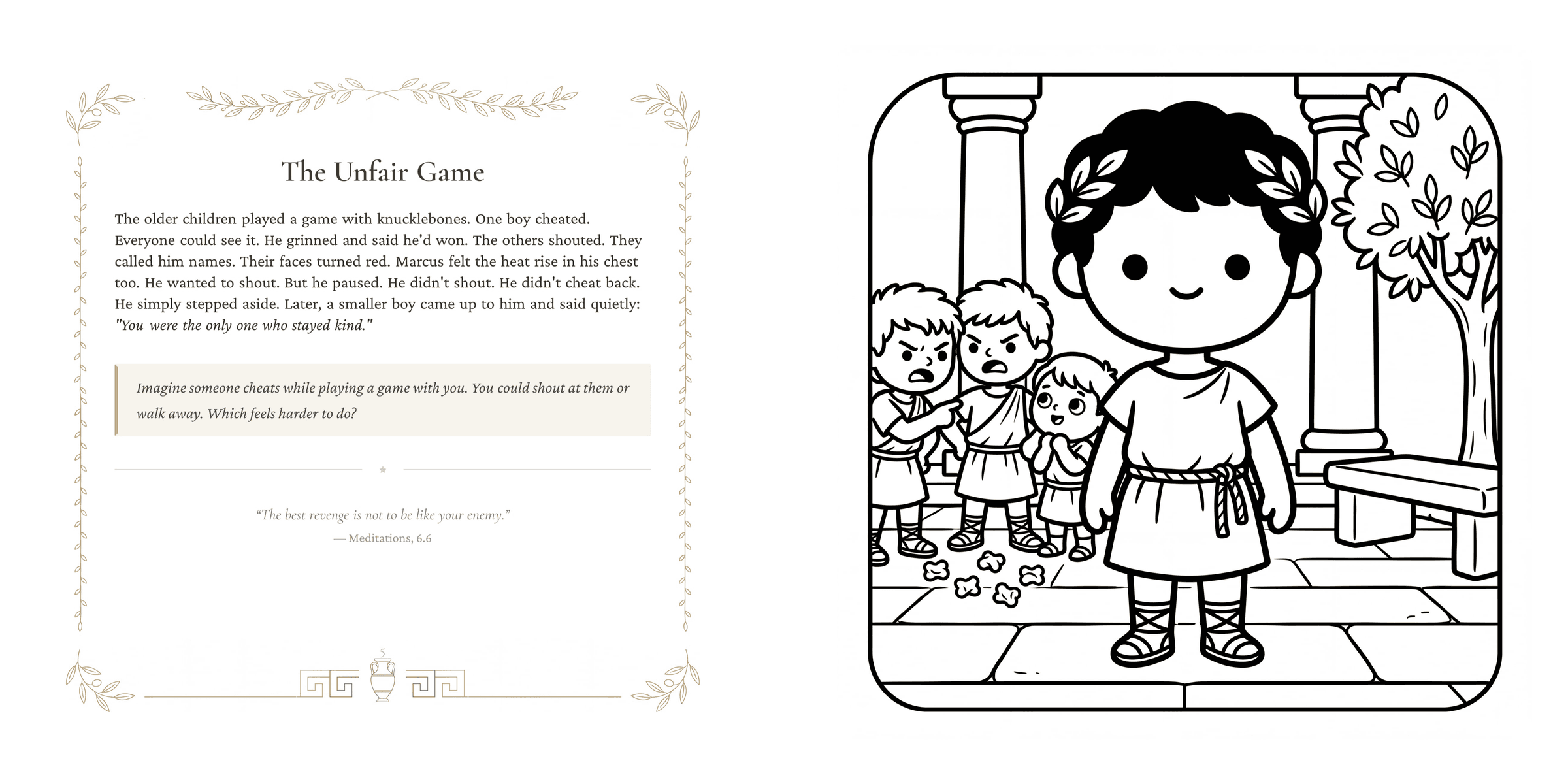 A two-page spread showing a coloring illustration and story page from The Calm Emperor