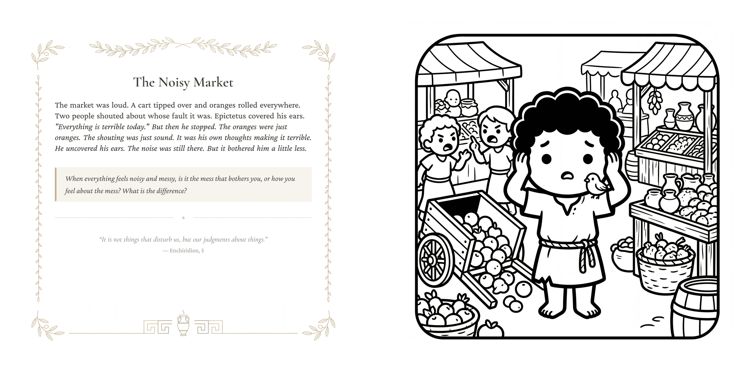 A two-page spread showing a coloring illustration and story page from The Free Spirit