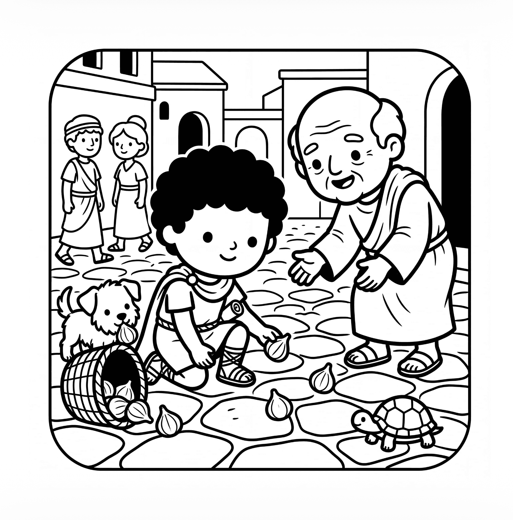 A coloring illustration of young Seneca from The Wise Friend