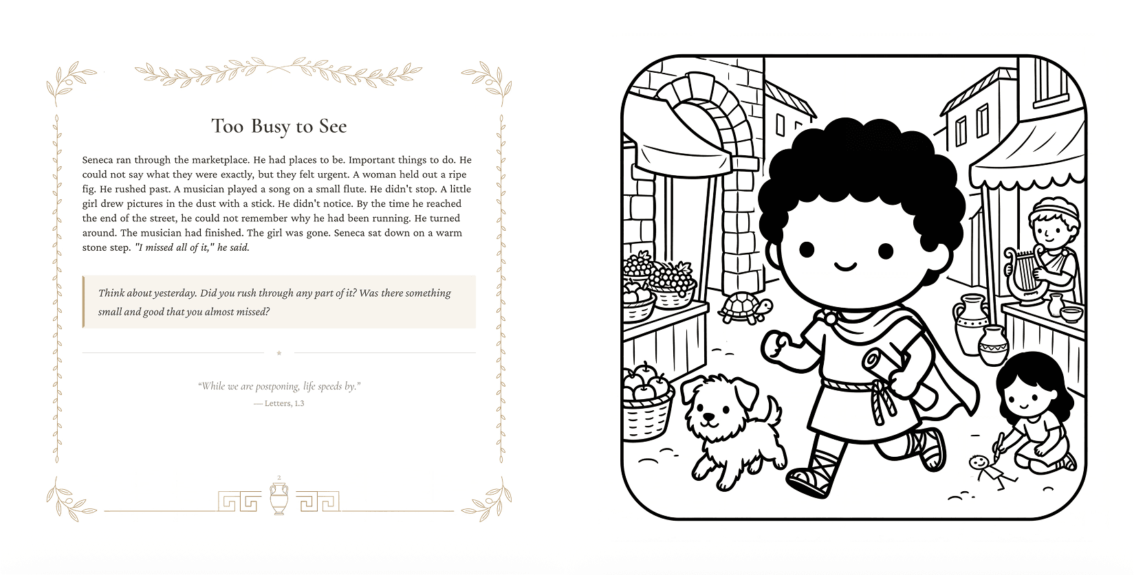 A two-page spread showing a coloring illustration and story page from The Wise Friend