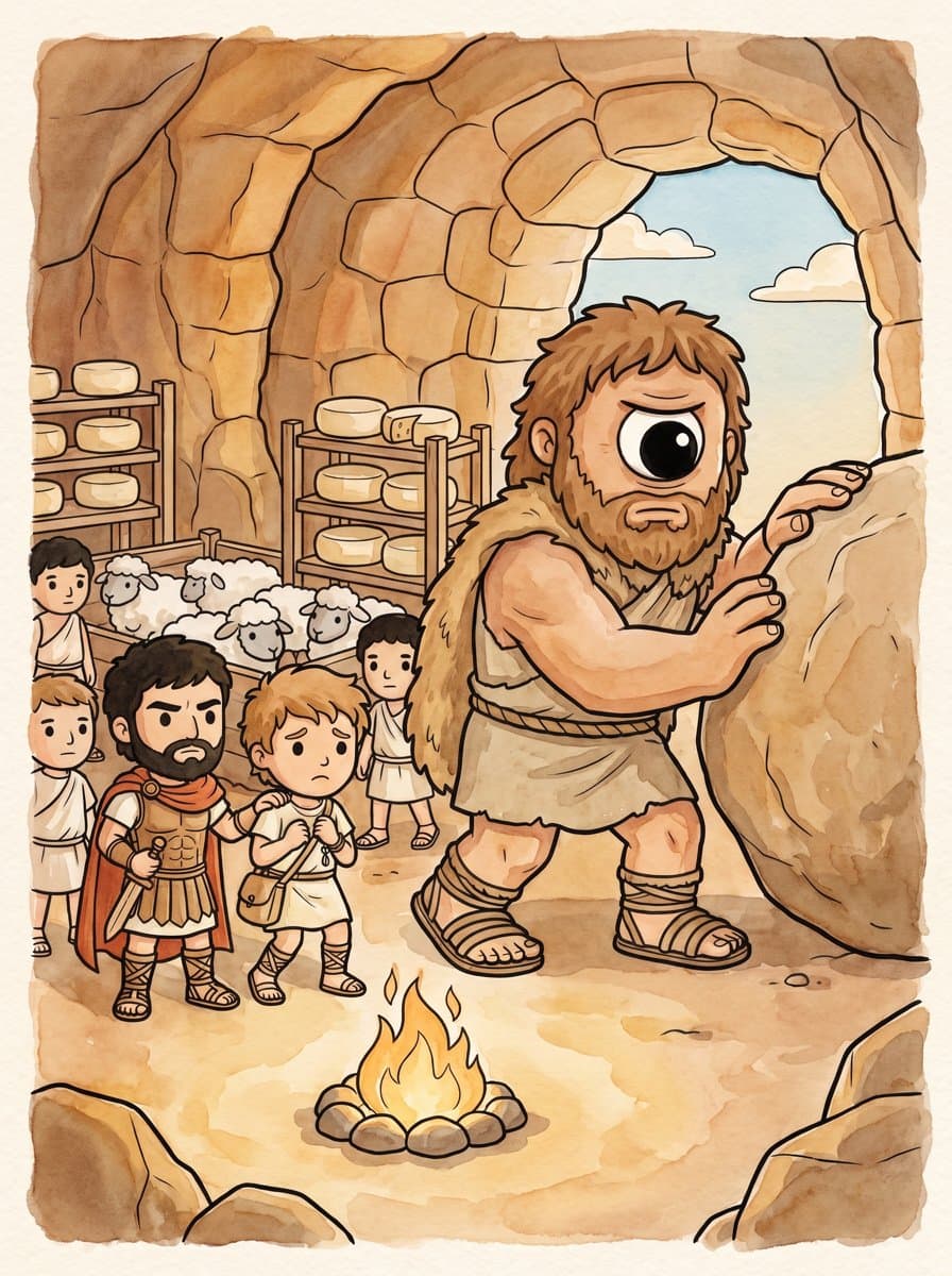 The one-eyed giant blocks the cave mouth with a great stone