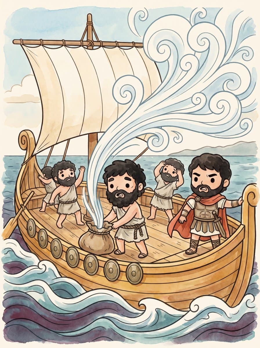 The bag of winds bursts open and a storm scatters the ship