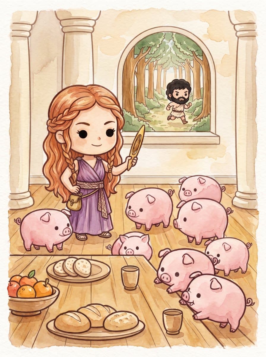The witch Circe turns the hungry sailors into pigs